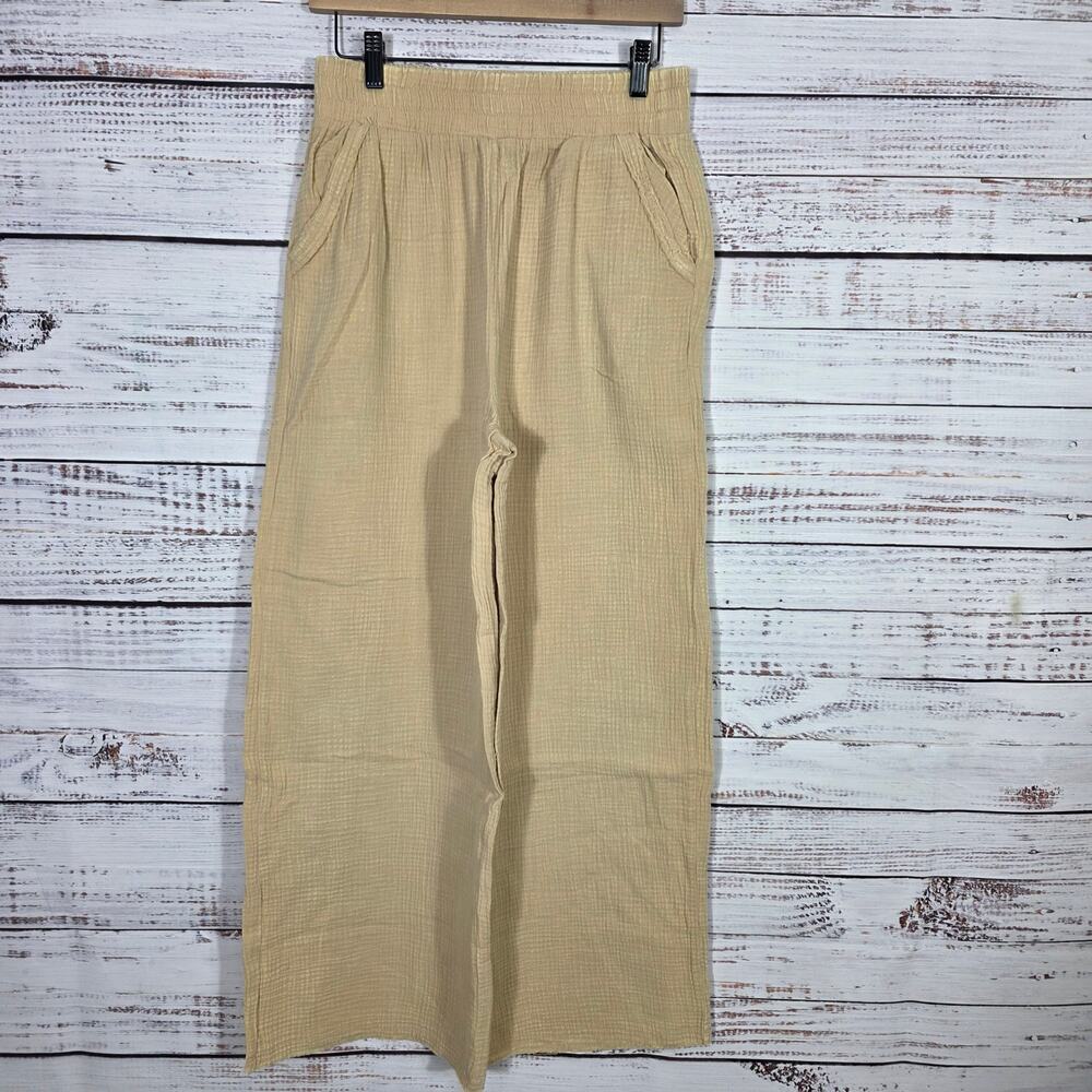 Zenana Wide-Leg Cotton Gauze Pants in Beige Women's size Medium NEW